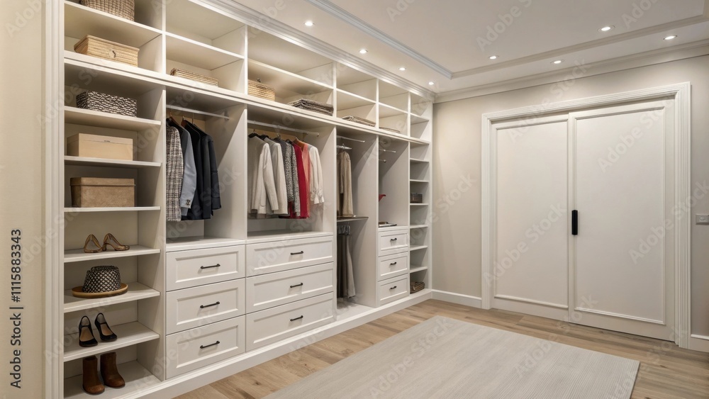 Poster A minimalist closet interior with unpainted drywall displaying an array of floating shelves lined up against the side wall unutilized and clean.
