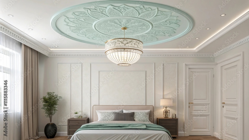 Poster a minimalist bedroom featuring a simple yet stylish ceiling medallion in a soft pastel hue enhancing
