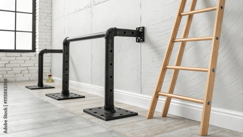 Poster a minimalist corner showcasing black metal brackets with a matte finish poised for installation whil
