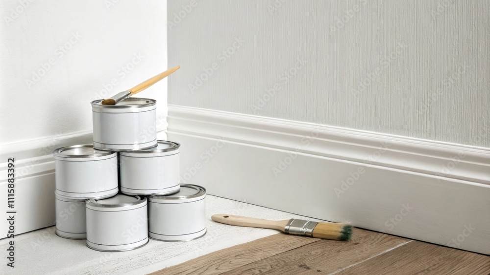 Poster A minimalist corner featuring a simple white wall and a few carefully stacked paint cans of various sizes with one brush resting casually on top.