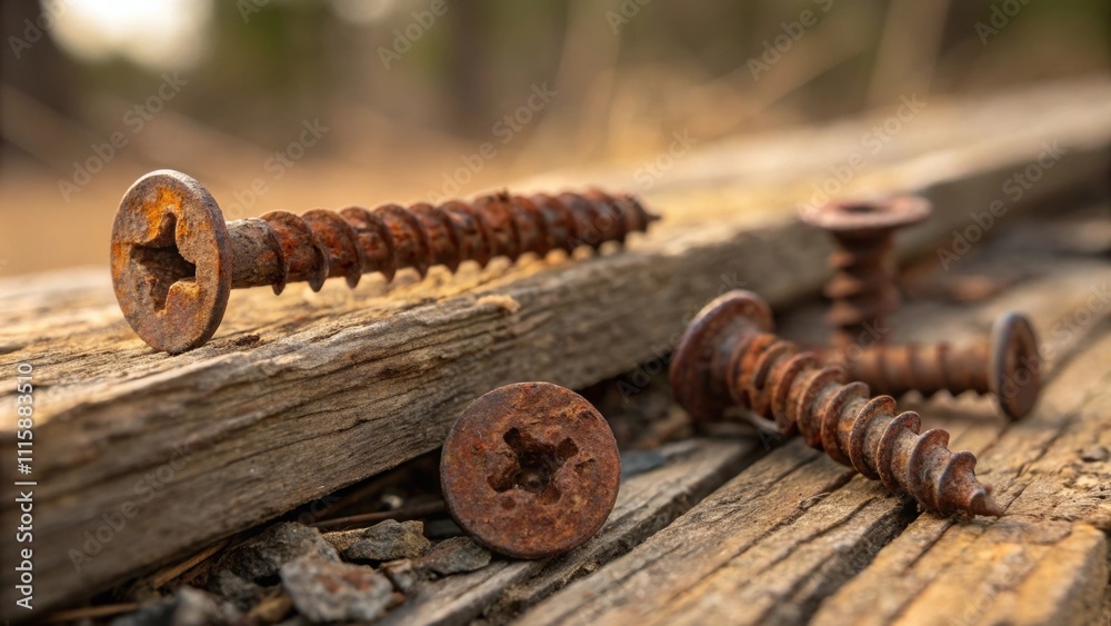 Aufkleber a macro shot capturing the texture of rusted screws and old hardware laid out on a contrasting piece