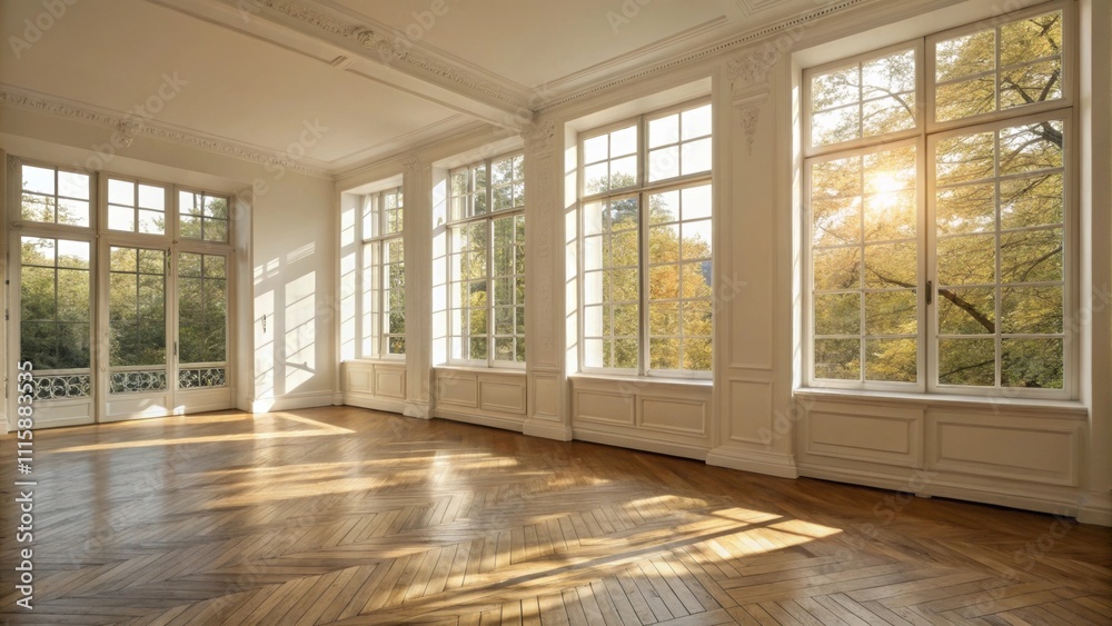 Poster A luminous empty room with large newly installed paned windows allowing sunlight to spill in and create an inviting atmosphere atop the wooden flooring.