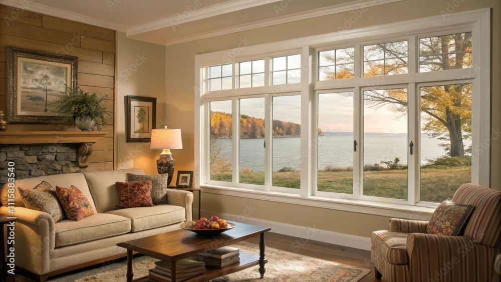Poster A living space showcasing a warm inviting atmosphere with a newly installed window and carefully applied weatherproofing creating a cozy haven.