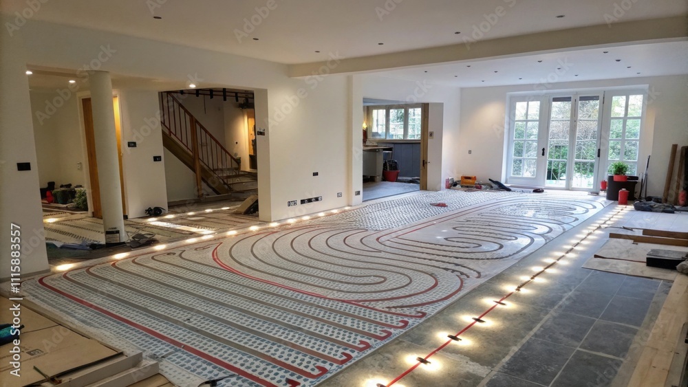 Aufkleber A living space with a partially completed floor displaying electric mats installed in a spiral pattern illuminated by LED work lights.