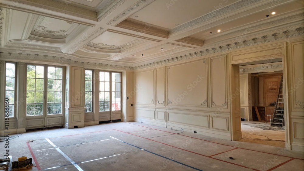Poster a lofty empty room that speaks of renovation where new crown molding sits in the corner contrasting 