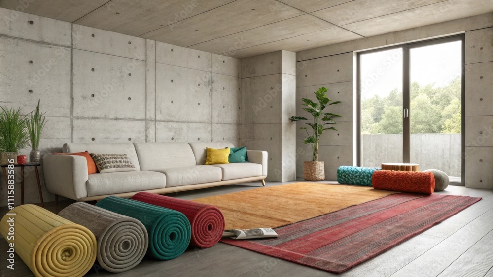 Poster a living room with concrete walls furnished only with rolledup area rugs their vibrant colors adding