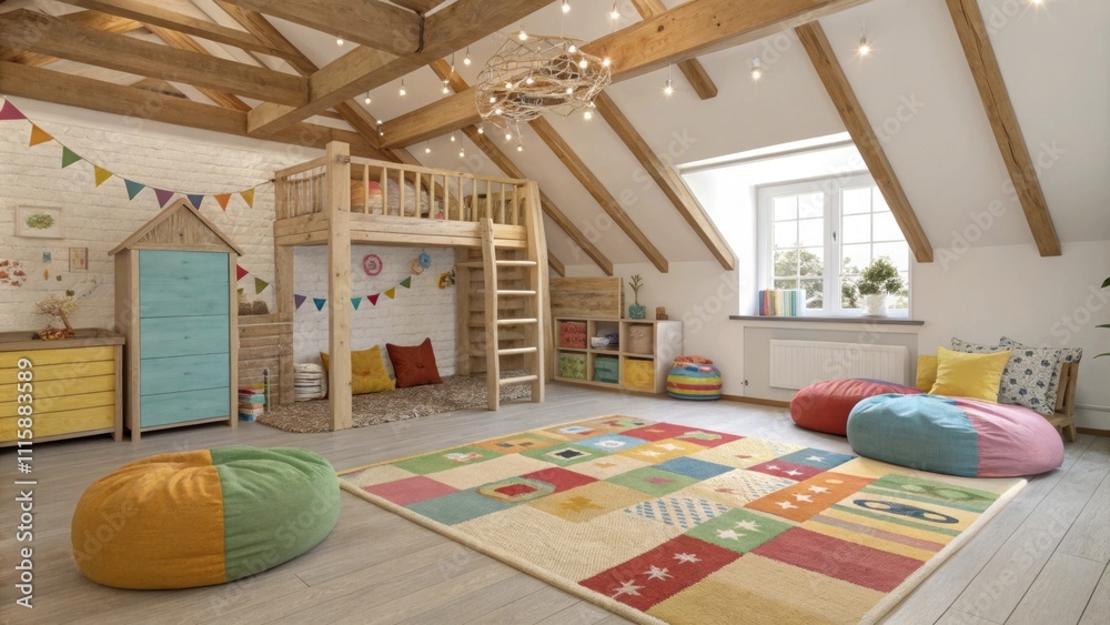 Poster A lively playroom for children features colorful furnishings beneath the wooden beams where the height allows for adventurous play while maintaining a cozy vibe with soft rugs and