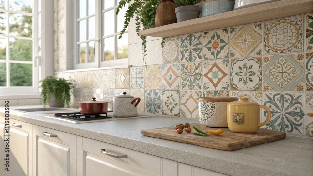 Leinwandbilder A lightfilled kitchen scene illustrating a countertop devoid of decor with an assortment of patterned tiles tered on the surface and a partially tiled wall in the background.
