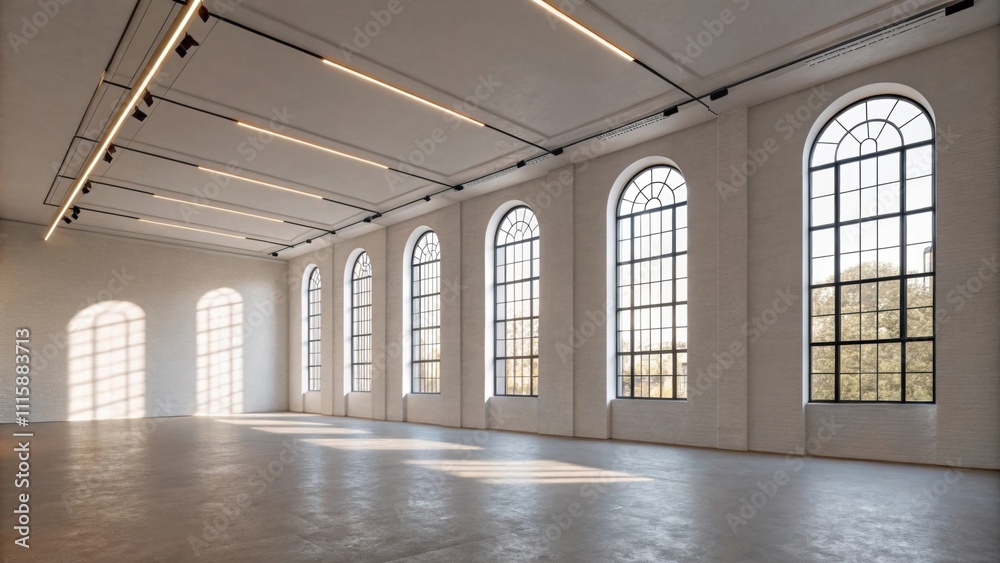 Poster A large empty space defined by its tall narrow windows the light illuminating the smooth pale walls and accentuating the potential for creative interior design.