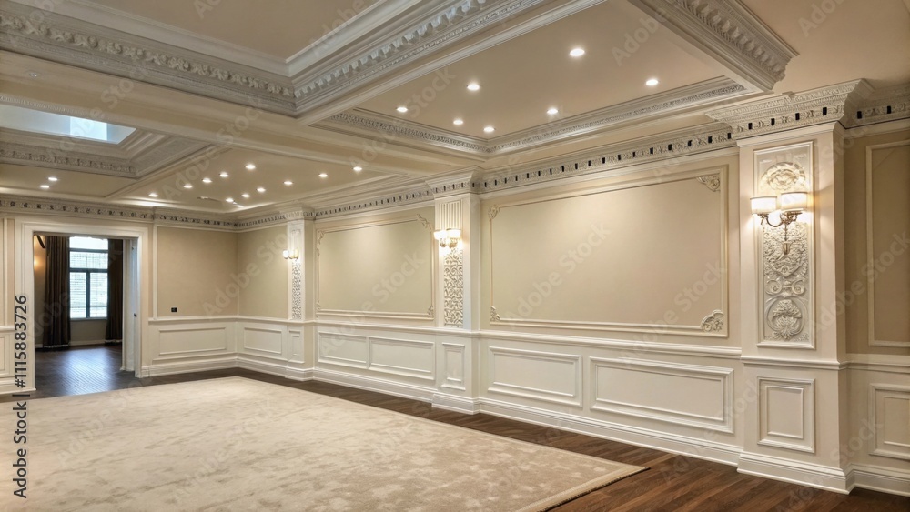 Aufkleber A large empty area with minimal clutter showcasing a corner filled with fresh ornate crown molding emphasizing the potential of the blank canvas.