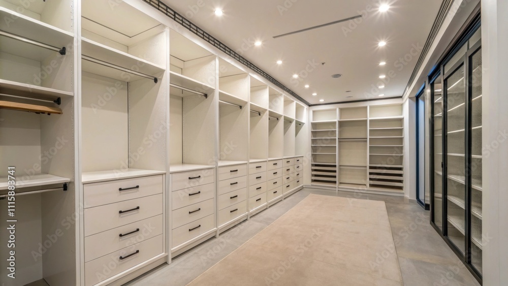 Aufkleber a large walkin closet featuring smooth white walls showcasing strategic rows of adjustable shelving 