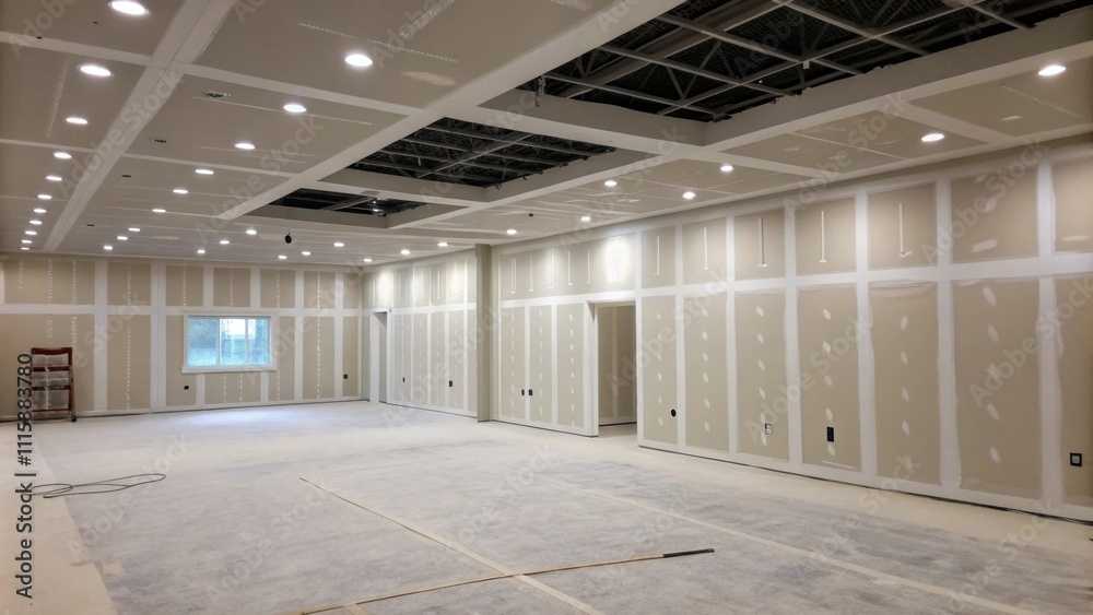 Aufkleber A large empty room where sanded drywall frames the space the texture subtly reflecting the artificial lighting overhead creating a calming atmosphere.