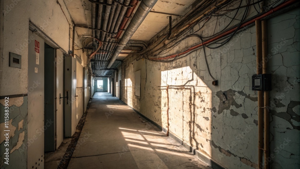 Poster a hallway showcasing an eclectic mix of wiring and pipes casting shadows on the cracked plastered wa