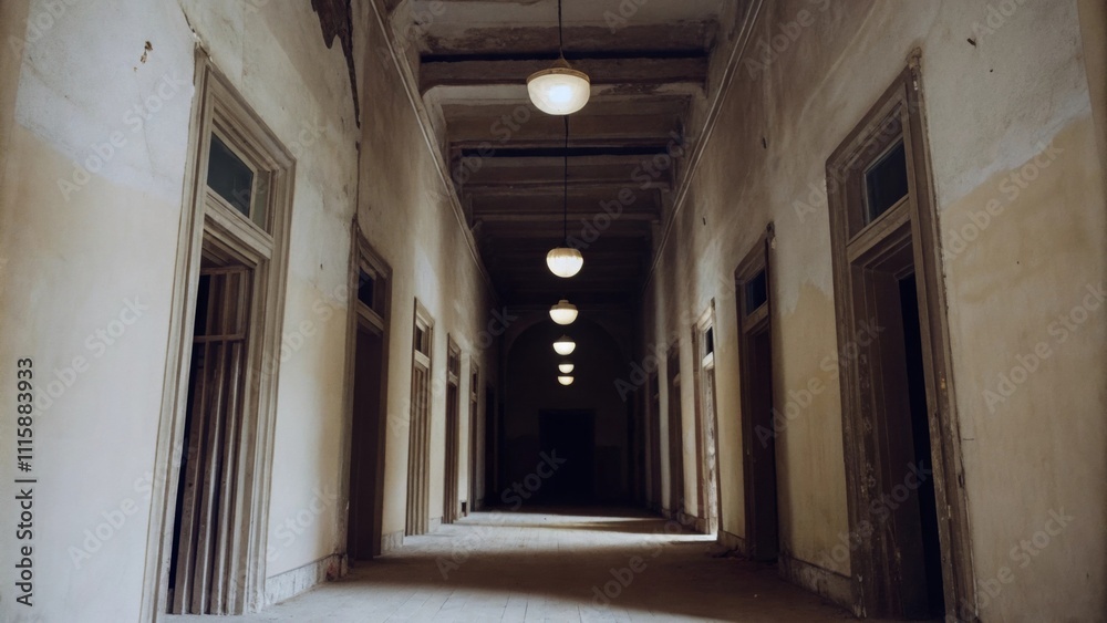 Poster a hallway leading to dark cavernous rooms with empty door frames and light bulbs hanging from the ce