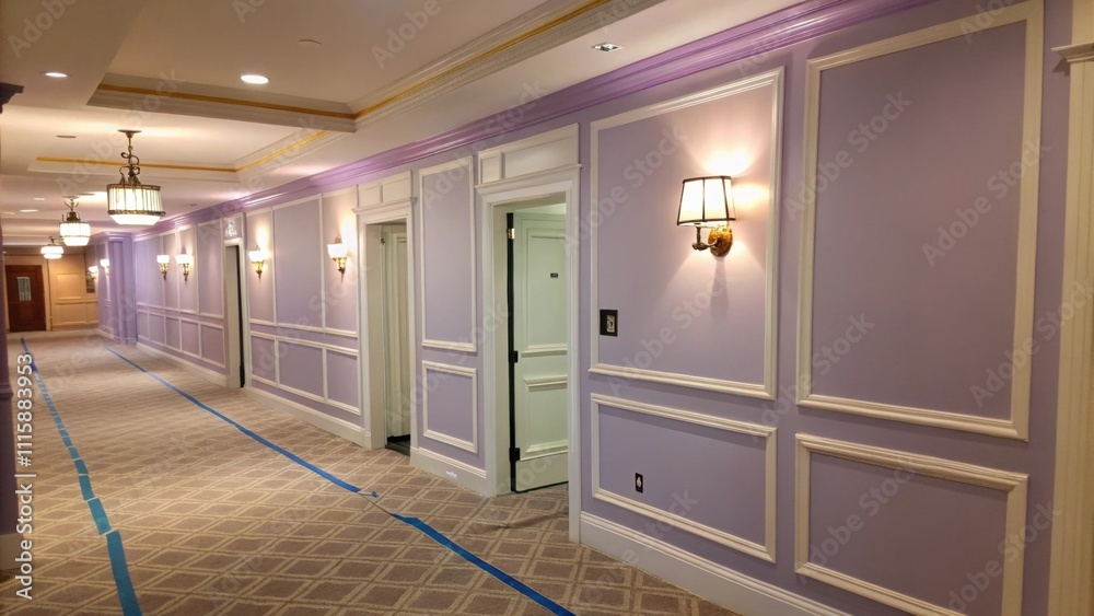 Poster a hallway adorned with soft lavender paint with painters tape framing the doorways and light fixture