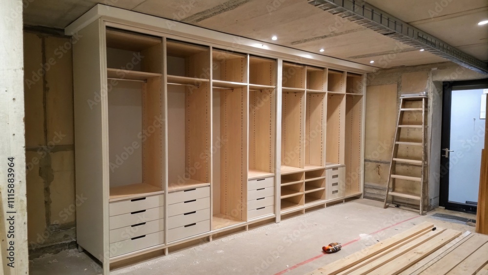 Fototapete A halfbuilt closet system showing empty vertical panels and a few installed shelves while construction dust settles in the corners.