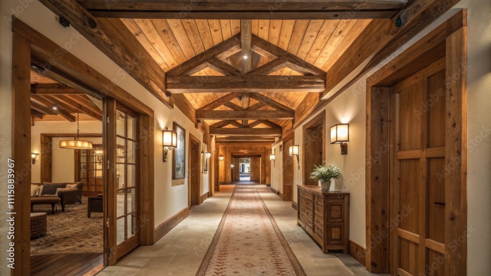 Poster A hallway leading to various rooms where rustic wooden beams stretch overhead creating an inviting transition with warm wooden accents lining the walls.