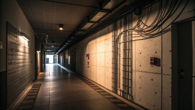 A hallway highlighting a feature wall with protruding electrical wires enhanced by dramatic lighting that casts intriguing shadows.
