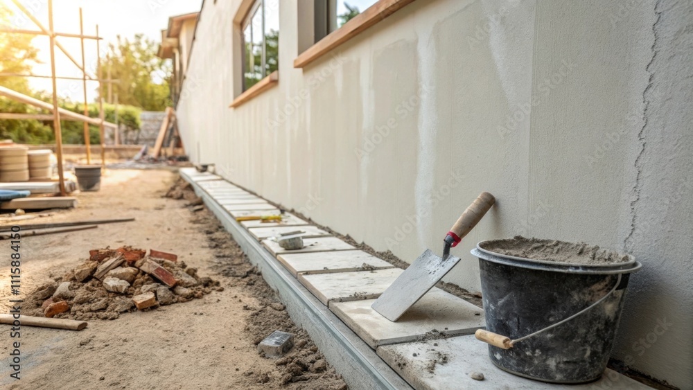 Poster a fresh and cleanly plastered wall with a subtle hint of sheen showcasing a trowel leaning against t