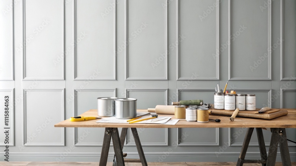 Aufkleber a freshly painted light gray accent wall serves as a backdrop to a stylized work area where planks a