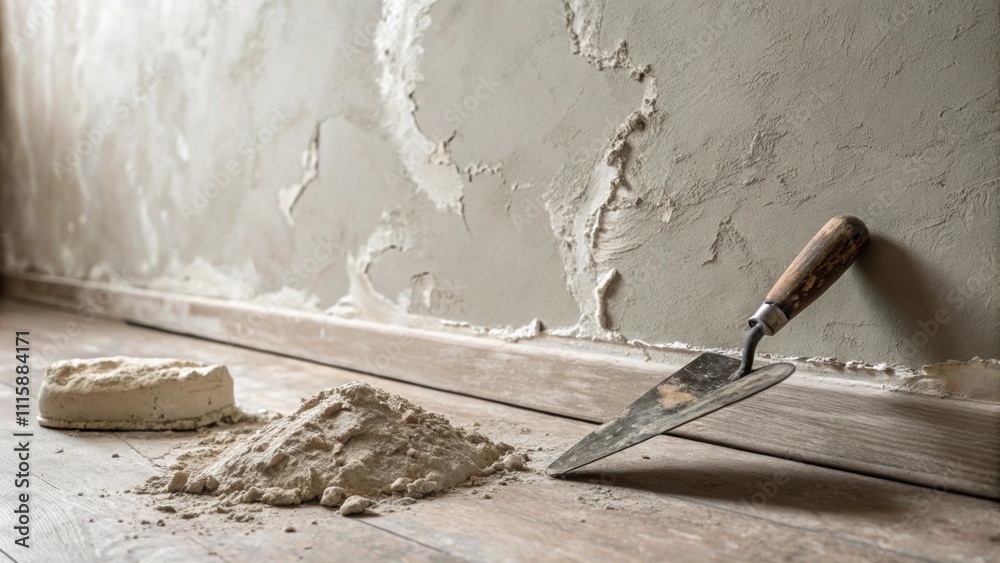 Poster A fresh coat of plaster on a wall exhibiting subtle imperfections that add character with a worn trowel abandoned next to a small pile of plaster dust.