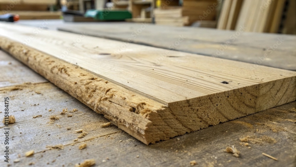 Poster a focused shot on a single plank of wood showing the grain and imperfections where the floor has bee