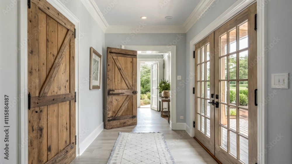 Poster A fresh and airy hallway filled with soft light showcasing rustic wooden doors with a distressed finish that add character to newly painted walls in a gentle gray.