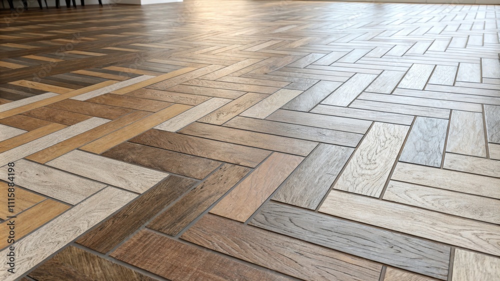 Aufkleber A floor with a gradient of herringbone tiles from light to dark blending into a mixture of color with tered work materials and tile adhesive.