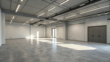 Fototapeta premium A functional room with a stark concrete floor that complements the simplicity of its vastness illuminated by overhead lighting casting interesting shadows.
