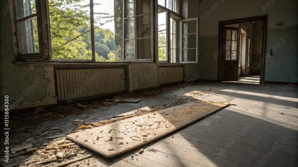 Aufkleber a faded laminate board splintered and discarded near an open window with natural light casting shado