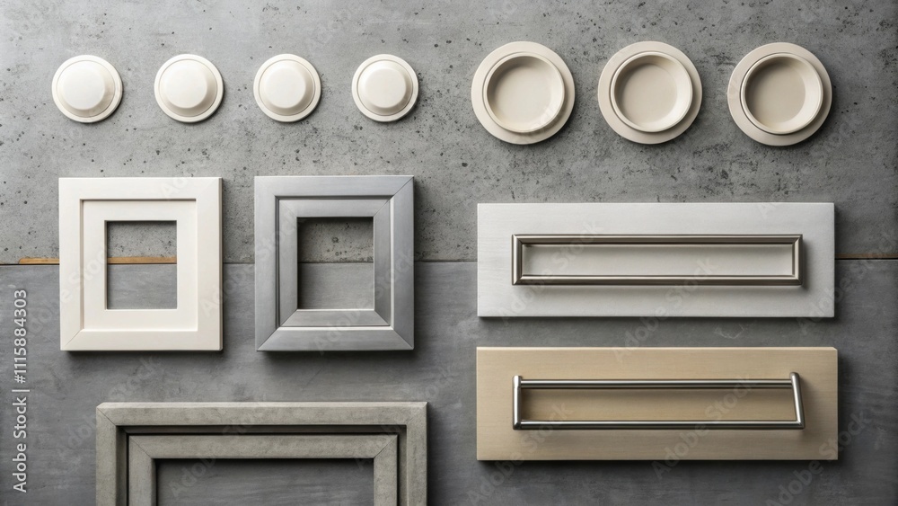 Poster A flat lay of angled recessed cabinet handles in a mix of round and rectangular shapes set against a concrete backdrop for a modern industrial aesthetic.