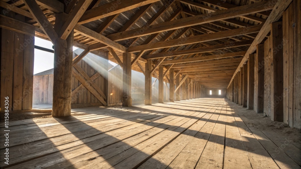 Poster A dynamic shot of sanded wooden planks intersecting with beams of light creating an interplay of shadow and structure on the ground.