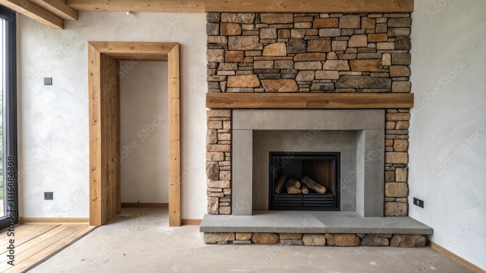 Aufkleber A fireplace frame in transition partially lined with raw materials juxtaposed with the clean lines of an adjacent empty wall prepared for a minimalist aesthetic.