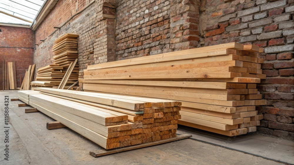 Poster A dynamic stack of varyingsized boards and beams their edges rounded and smooth juxtaposed against a rugged old brick wall.