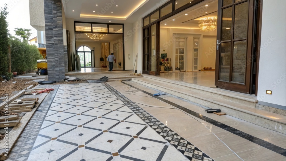 Aufkleber A dynamic perspective of the entryway focusing on halffinished work with a mix of glossy and matte tiles capturing attention amid tered tile spacers.