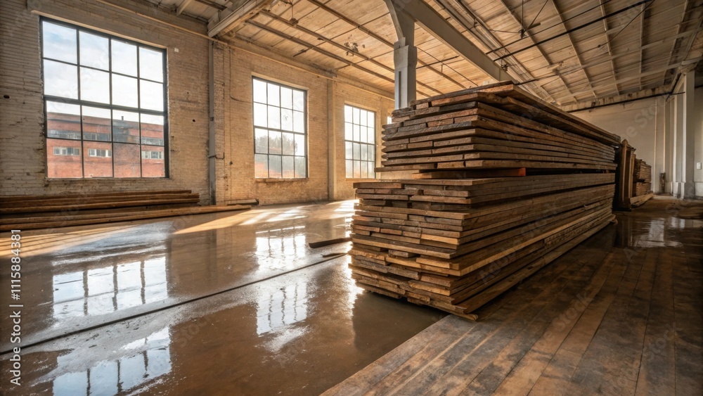 Poster A dynamic shot of floorboards stacked in a corner awaiting disposal alongside a beautiful newly exposed surface prepped for epoxy.