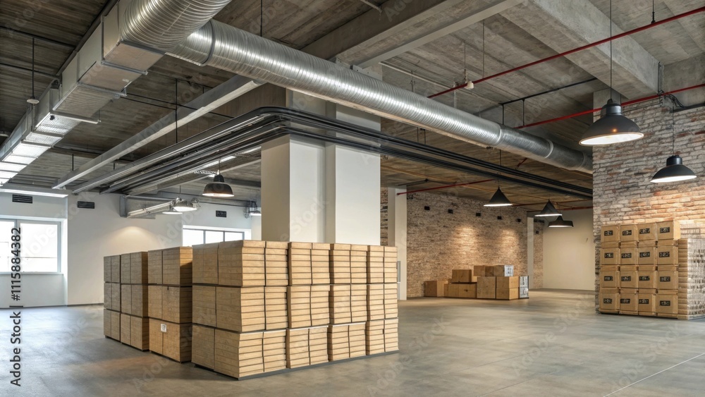 Aufkleber A dynamic view of laminate flooring boxes piled in an industrialstyle room with pipes and ductwork visible on the ceiling creating a contrast of modern and vintage aesthetics.