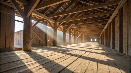 A dynamic shot of sanded wooden planks intersecting with beams of light creating an interplay of shadow and structure on the ground.