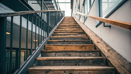 A dynamic photograph capturing the vertical lines of an uninstalled staircase with tered wooden treads and sleek railing parts adding depth to the composition.