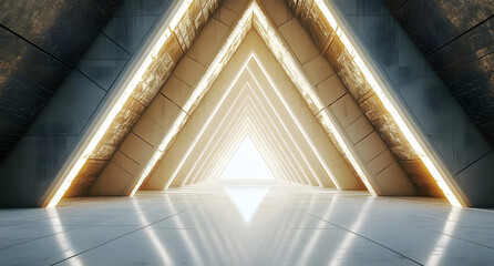 Obraz premium Abstract Triangle Spaceship corridor. Futuristic tunnel with light. Future interior background, business, sci-fi science concept. 3d rendering