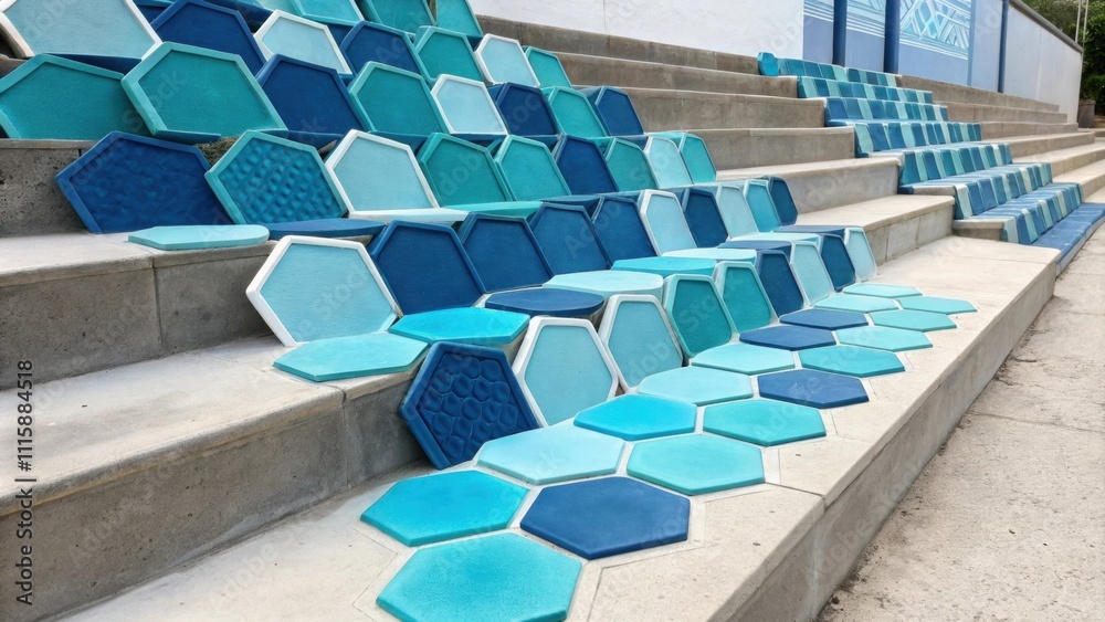 Aufkleber A display of hexagonal tiles in shades of blue and teal artfully stacked creating a playful sense of rhythm and movement within the design layout.