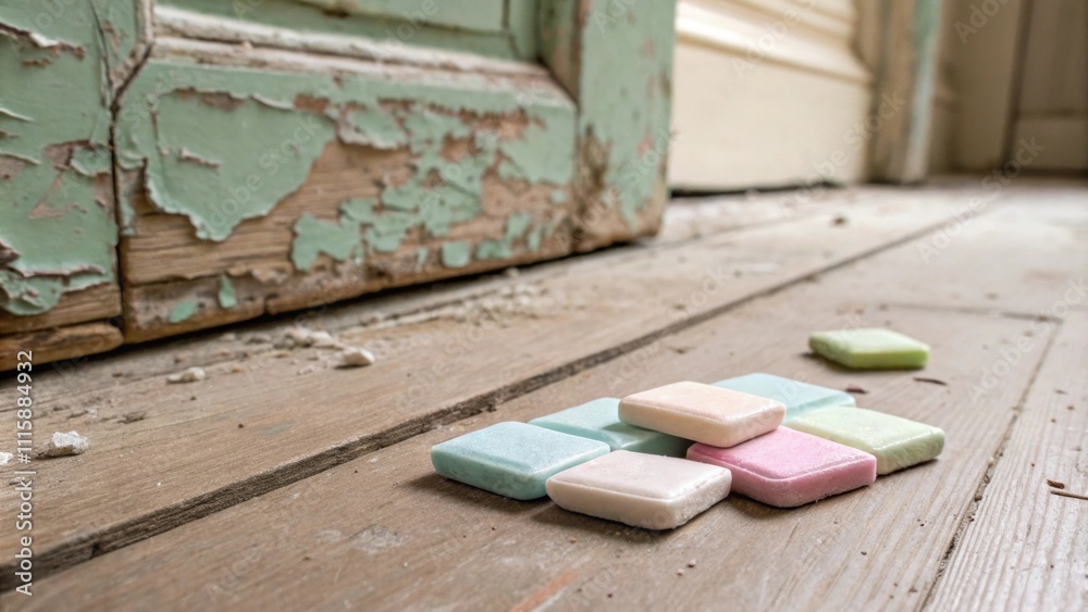 Poster a detailed focus on a small group of tile spacers in soft pastels lying atop a floor with remnants o