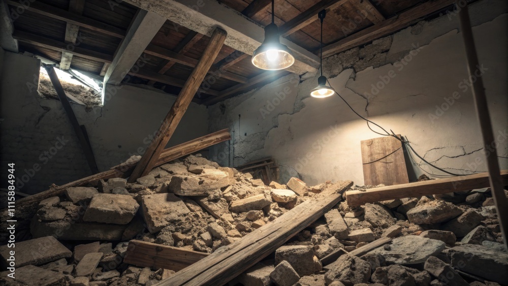 Aufkleber a detailed image of rubble composed of textured drywall and rough wooden beams caught in the harsh l
