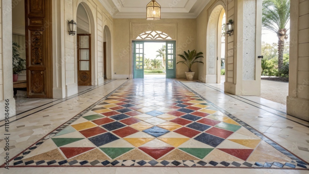 Poster a daring diamondshaped tile pattern in vibrant colors catches the eye in the entryway drawing attent