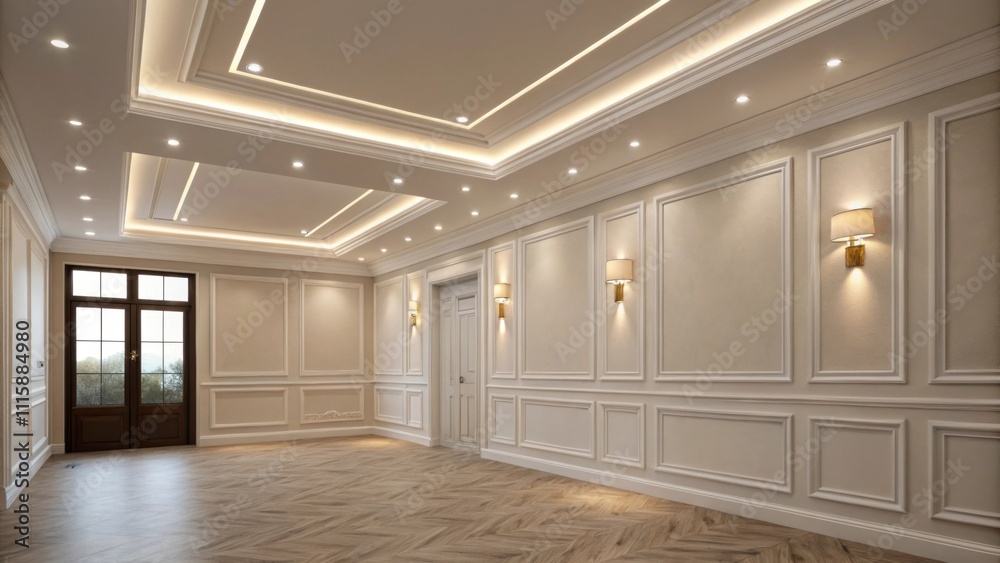 Poster A crisp room with recessed lighting fitted into the ceiling creating a soft luminosity that highlights the corners of the perfectly nuanced paint color.