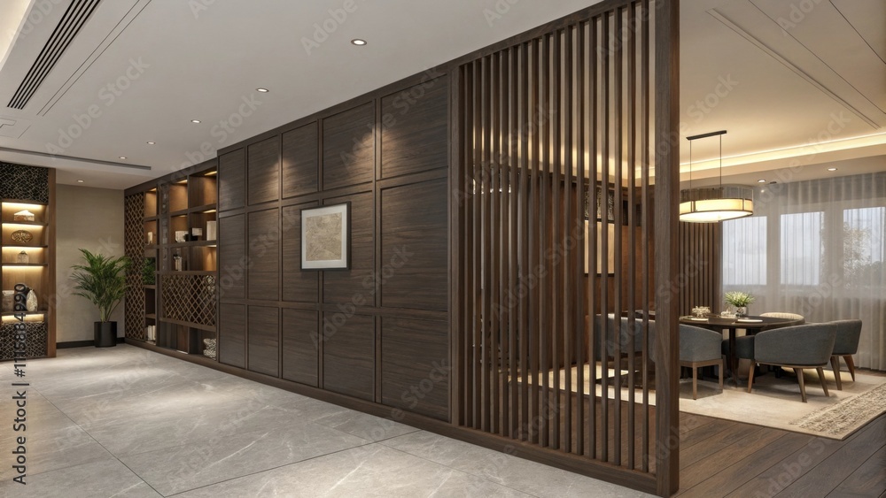 Aufkleber A creatively designed partition wall in dark wood adds texture and depth to the room with vertical slats providing privacy without completely closing off spaces.