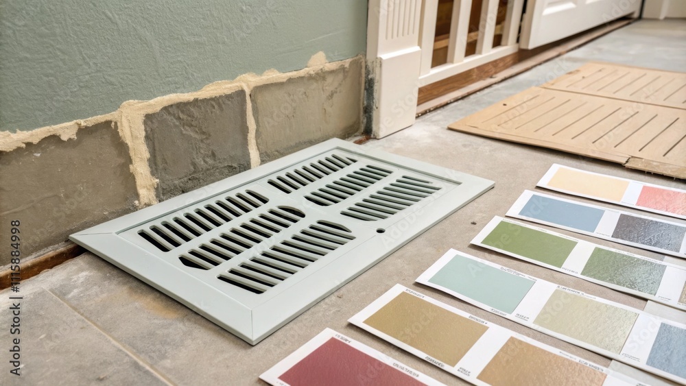 Poster A custompainted vent cover lying against an unfinished wall creating a harmonious color palette with paint swatches surrounding it signaling the attention to detail in the project.