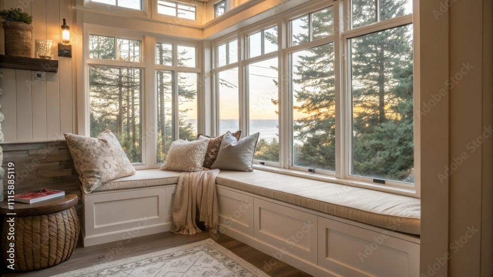 Poster a cozy corner nook featuring a floortoceiling window where plush cushions sit beneath illuminated by