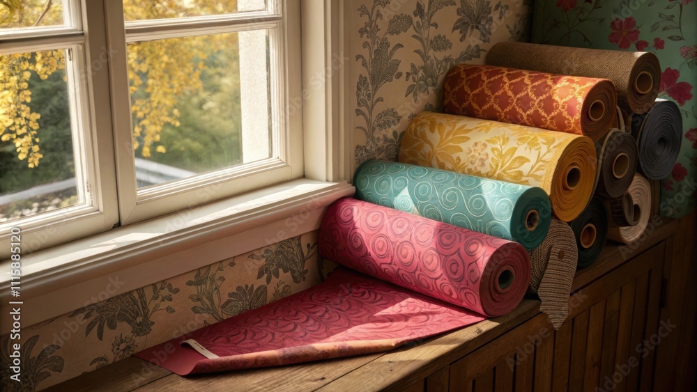 Poster a cozy corner filled with vibrant wallpaper rolls in various colors piled up beside a window with on