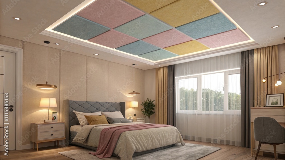 Poster a cozy bedroom where a ceiling showcases a mix of acoustic panels of different colors revealing unfi